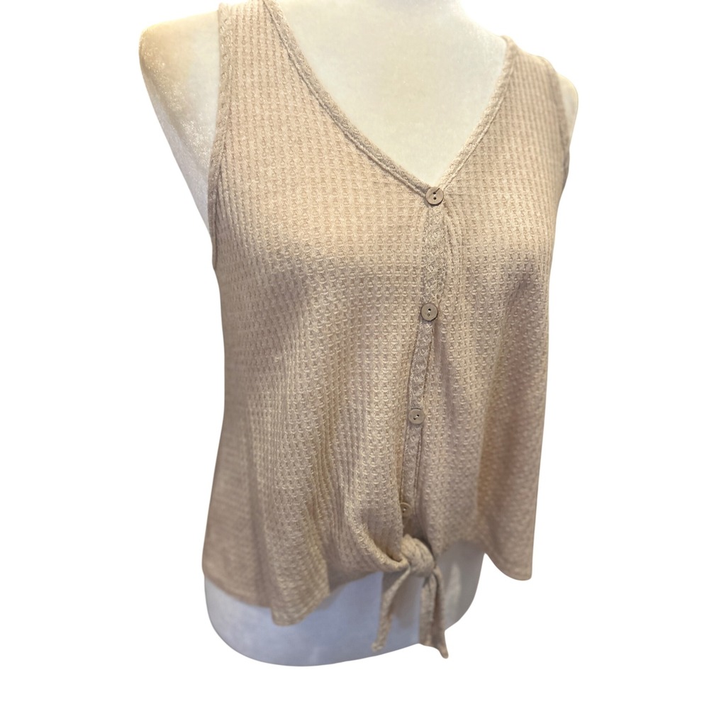 Waffle Knit Tank Top Womens Small Beige Excellent Tie Front Button Down